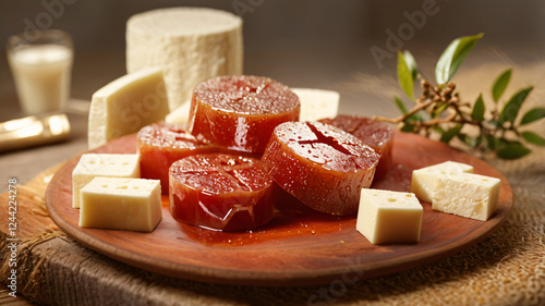 Guava jam with sliced white ​​cheese on the table. Romeo e Julieta, a typical Brazilian sweet. photo