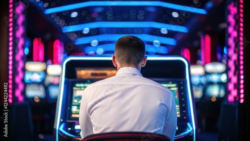 Back View of a Man Playing at a Slot Machine in a Casino photo