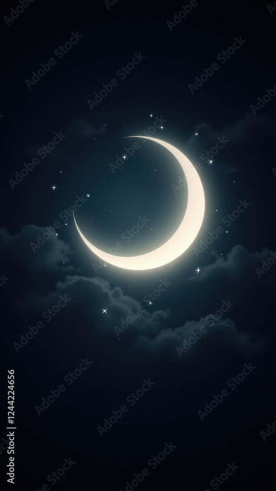 Obraz premium A serene Islamic-themed moonlit night scene with a crescent moon.
