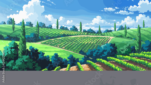 Cartoon Vineyard Landscape with Rolling Hills