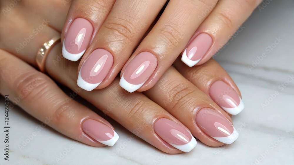Elegant Manicure with Glossy Pink Nails, Beauty and Care Concept Elegant Manicure with Glossy Pink Nails, Beauty and Care Concept