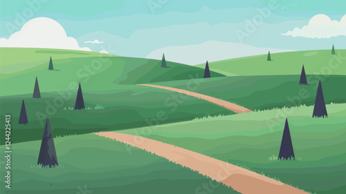 Rolling Hills Landscape with Paths and Trees