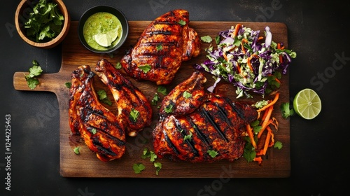 Grilled Chicken Feast with Coleslaw and Lime. A mouthwatering display of perfectly grilled chicken pieces, complemented by a vibrant coleslaw and a zesty lime.