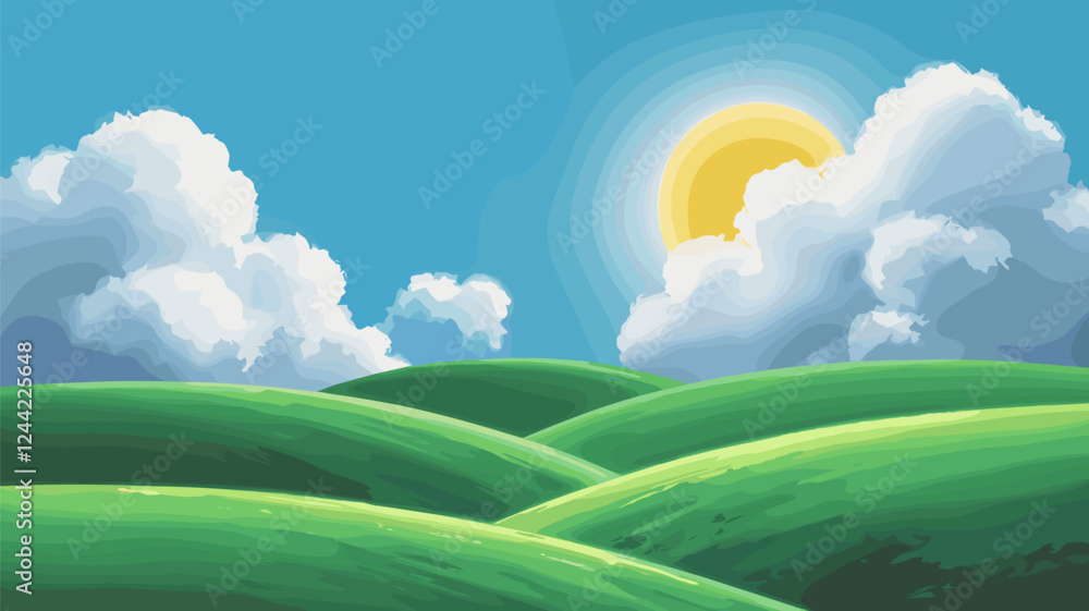 Rolling Green Hills with Sun and Clouds Rolling Green Hills with Sun and Clouds
