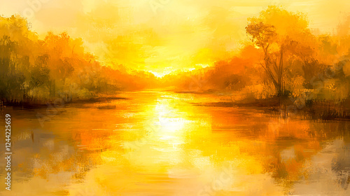 Golden sunrise casting warm hues over the tranquil river, reflecting the early morning light