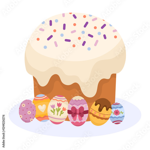 Festive Easter scene with holiday cupcake and eggs on white background, cartoon vector illustration for banners, cards and other designs