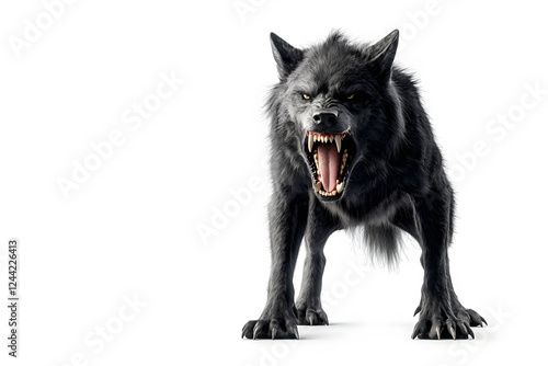 Realistic scary werewolf with wild appearance isolated on a white background. Ferocious werewolf snarling with menacing stance	 photo