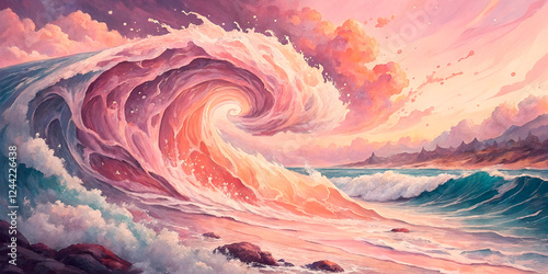 Colorful wave crashing on shore at sunset