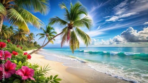 Tranquil Tropical Beach with Palm Trees and Vibrant Flowers