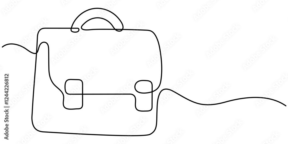 Obraz premium Suitcase working bag one line art drawing. Continuous outline briefcase office bag for working, Hand Drawn Briefcase Icon with editable stroke, Bag line icon, Black and White Illustration.