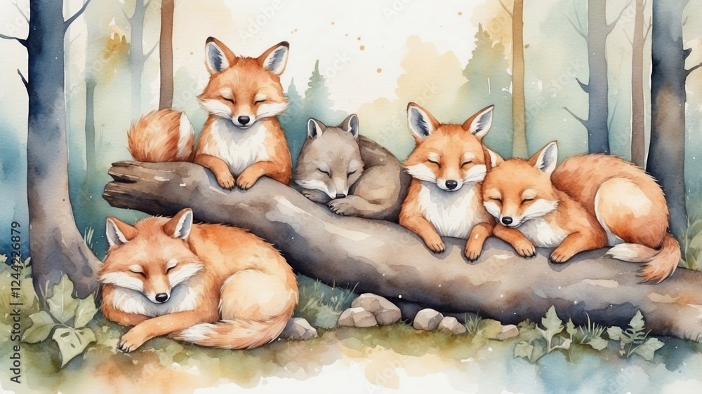 Obraz premium Group of five foxes resting on a log in a serene forest setting with soft colors and gentle lighting