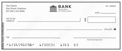 Bank check, vector blank money cheque, checkbook template with guilloche pattern and fields. Currency payment coupon, money check background