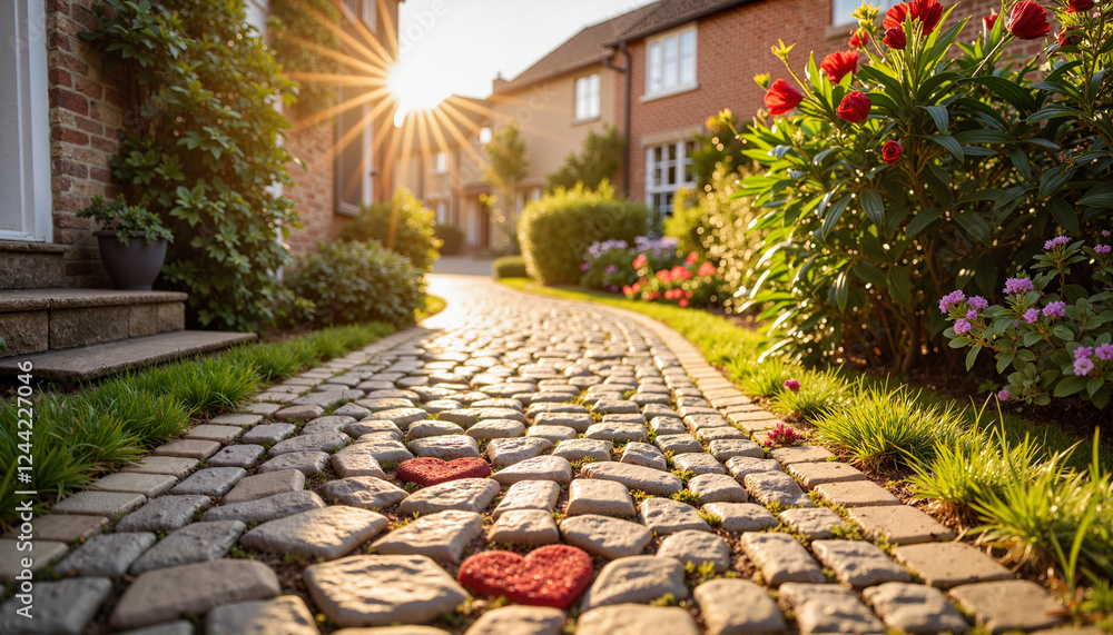 Fototapeta premium Charming cobblestone path with heart-shaped stones at sunrise, romance