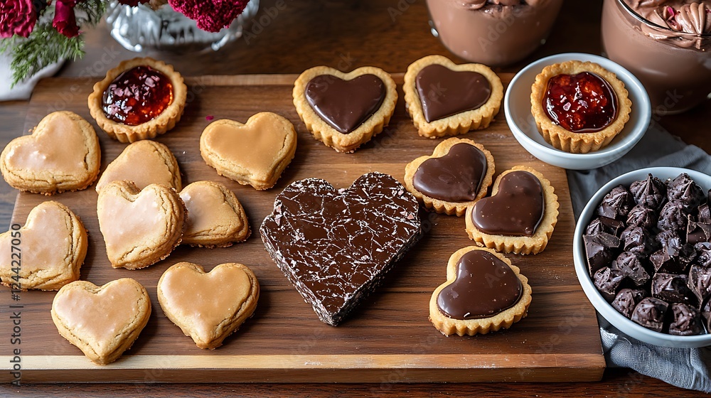 Fototapeta premium Valentine's dessert bar featuring heart shaped cookies mini tarts and chocolate bark styled for a delectable party setup