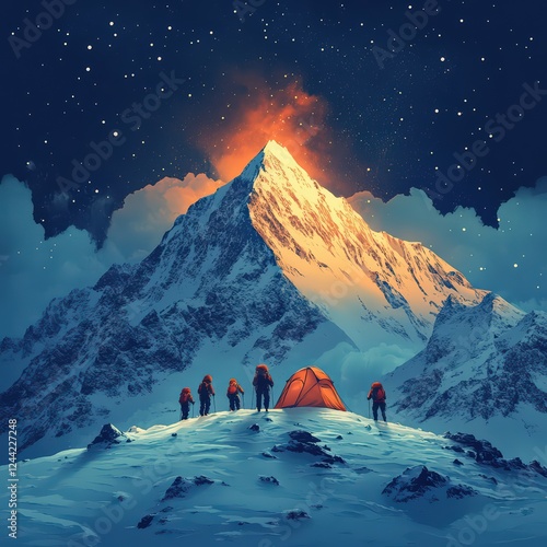 Stylized vector of an expedition tent on a snowy mountain peak with climbers.