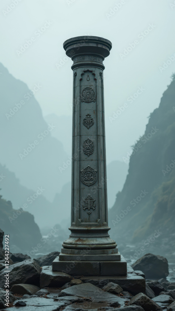 Obraz premium Ancient stone column with intricate carvings on a misty mountain landscape.