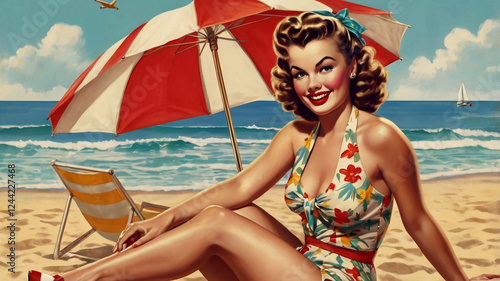 1950s pin-up style woman in a floral swimsuit sitting under a striped beach umbrella