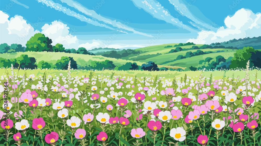 Field of Pink and White Wildflowers with Rolling Hills