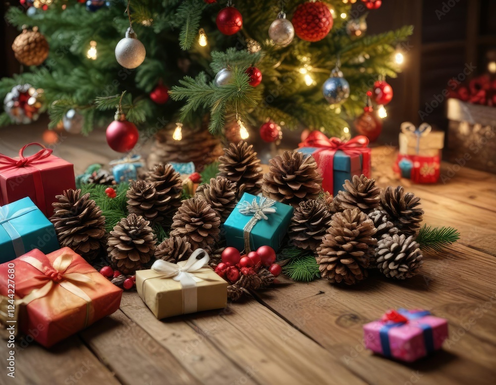 Pine cones and small decorations scattered around a Christmas tree on a wooden table, alongside a collection of colorful presents, Christmas tree, woodland wonderland Pine cones and small decorations scattered around a Christmas tree on a wooden table, alongside a collection of colorful presents, Christmas tree, woodland wonderland