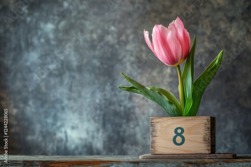 Pink tulip in wooden pot with number eight on rustic wooden table photo