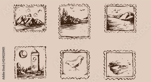 set of sketch rubber stamps of postal stamps