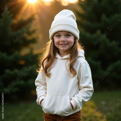 White kids sweatshirt mockup, front view. A little girl in a beanie hat stands against the background of the forest