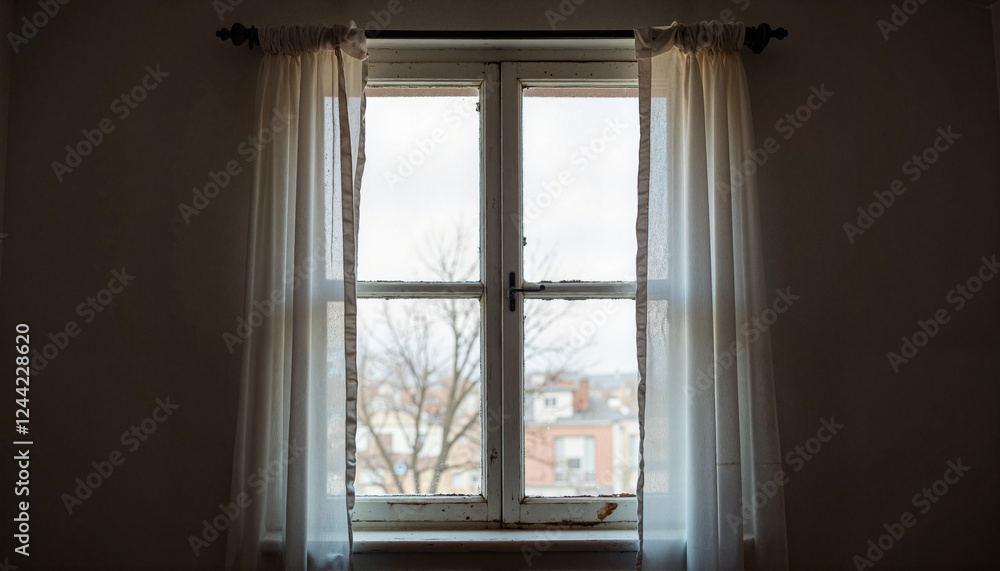 Gently swaying curtains in old window frame, serene atmosphere Gently swaying curtains in old window frame, serene atmosphere