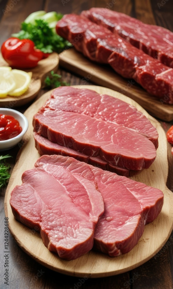 Raw Argentinian chorizos and raw steak on a plate with steak, argentinian sausage, raw butchery Raw Argentinian chorizos and raw steak on a plate with steak, argentinian sausage, raw butchery