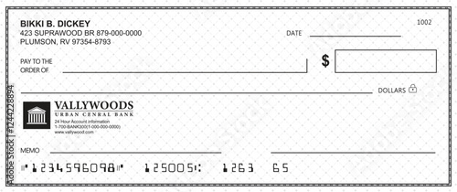 Empty money cheque. Bank check. check book template with pattern and blank fields. Currency payment coupon, US dollar check background.	