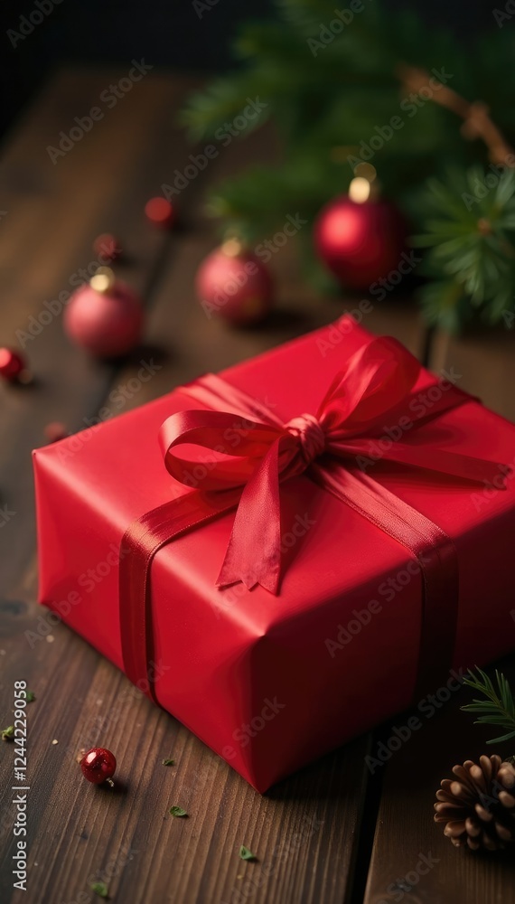 Red gift wrapped in red paper on a wooden table, christmas, wrapping paper Red gift wrapped in red paper on a wooden table, christmas, wrapping paper