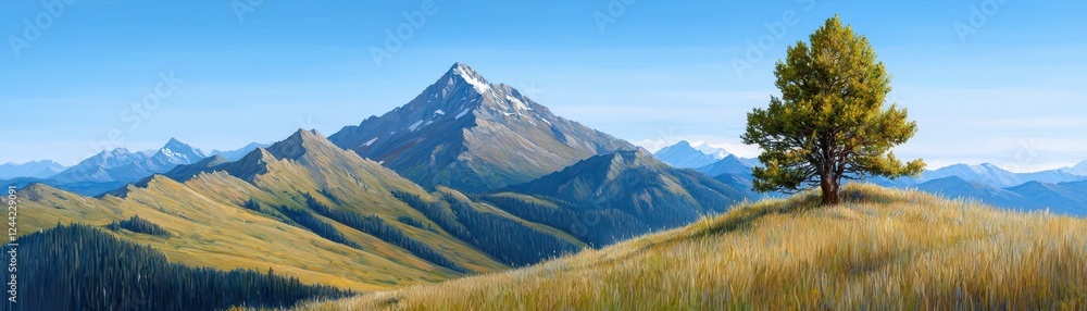 Obraz premium Majestic mountain landscape serene wilderness panoramic view natural beauty tranquil environment