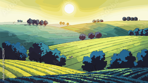 Rolling Fields Landscape with Trees