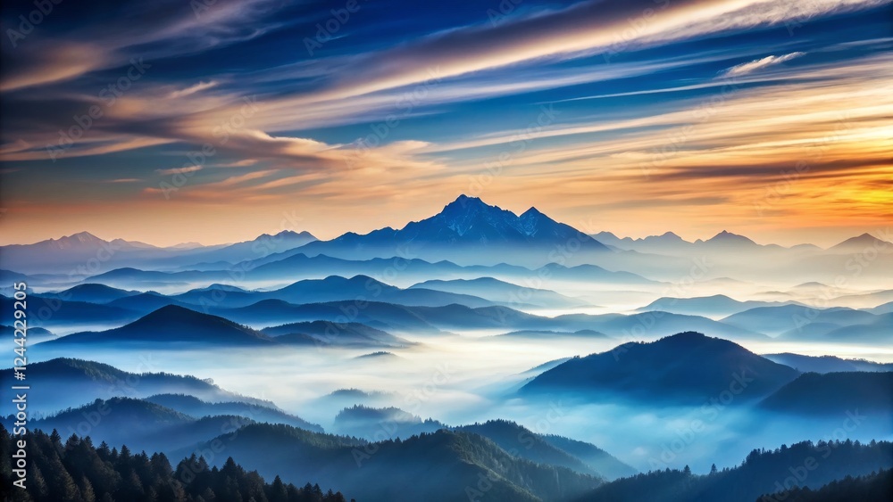 Majestic Mountain Landscape with Layers of Fog and Vibrant Sky Majestic Mountain Landscape with Layers of Fog and Vibrant Sky