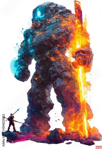 A colossal, elemental monster made of molten rock and fire, with a hero character wielding a glowing spear. The design reflects cartoonish exaggeration with a futuristic edge. Full-body shot, white photo