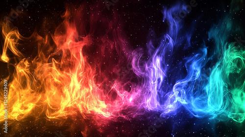 Neon rainbow flames flickering in deep space