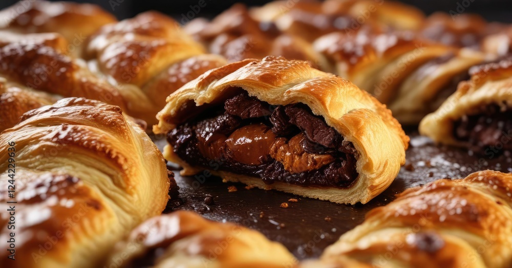 Rich, velvety chocolate filling inside the flaky pastry, chocolate, filling Rich, velvety chocolate filling inside the flaky pastry, chocolate, filling