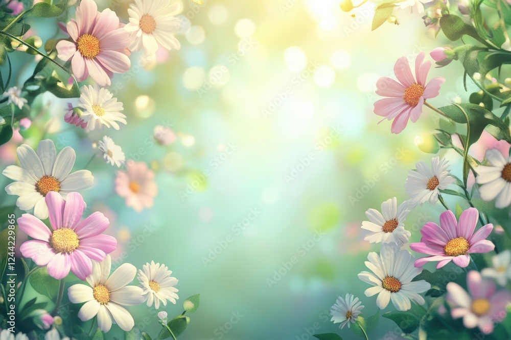 Vibrant spring garden with blooming daisies in sunlit bokeh background Vibrant spring garden with blooming daisies in sunlit bokeh background