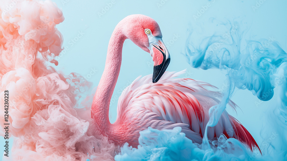 Fototapeta premium Pink Flamingo Banner on Light Blue Pastel Background with Paint Splashes and Copy Space