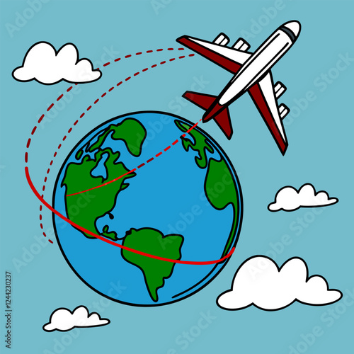 Airplane Circling Earth: Colorful Travel Illustration.