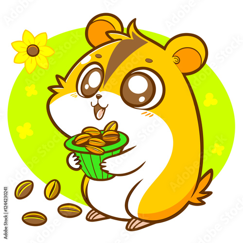 Cute Hamster Eating Sunflower Seeds - Cartoon Illustration.
