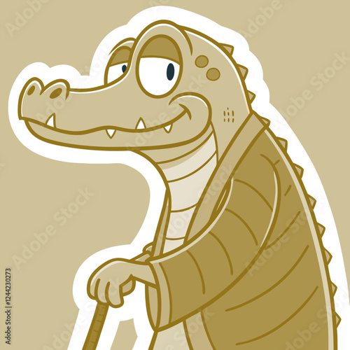 Sepia Cartoon Alligator, Elderly, Walking Cane, Whimsical Illustration, Beige.