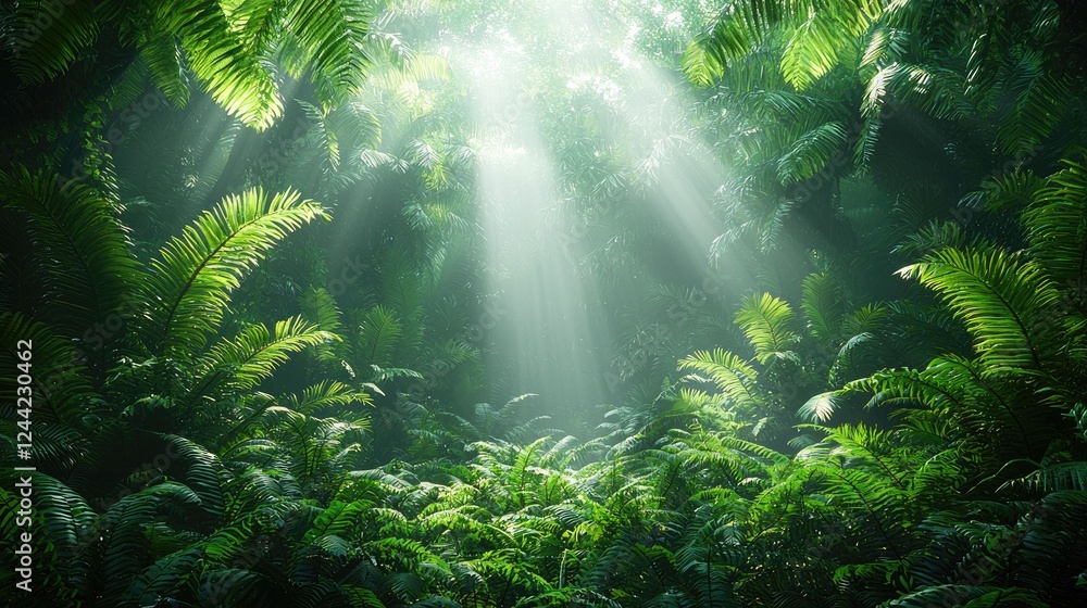 Fototapeta premium Lush Tropical Rainforest Sunlight Beams Through Canopy