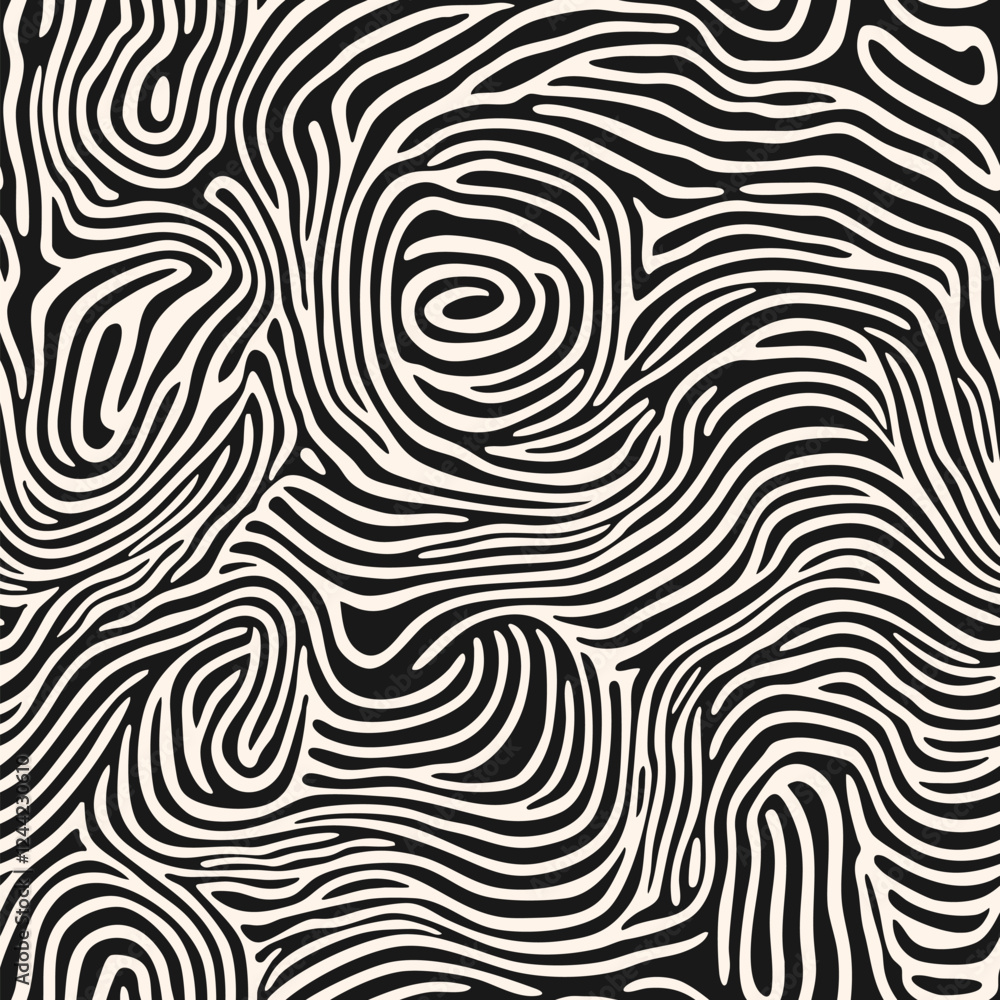 Abstract organic seamless pattern. Vector black and white texture with natural shapes, curvy chaotic lines, liquid fluid stripes, fingerprint form. Funky monochrome background. Repeated geo design Abstract organic seamless pattern. Vector black and white texture with natural shapes, curvy chaotic lines, liquid fluid stripes, fingerprint form. Funky monochrome background. Repeated geo design
