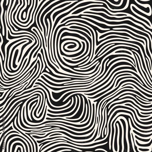 Abstract organic seamless pattern. Vector black and white texture with natural shapes, curvy chaotic lines, liquid fluid stripes, fingerprint form. Funky monochrome background. Repeated geo design