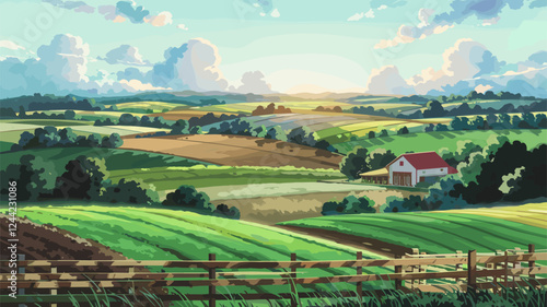 Rural Farm Landscape with House and Fields