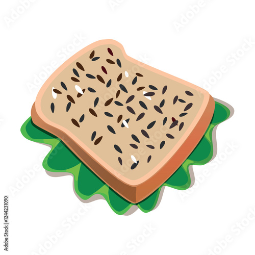 Brown hand-drawn vector illustration of rectangular piece of bread with seeds and green lettuce isolated on a white background