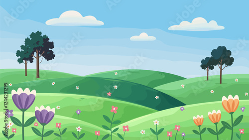 Simple Landscape with Hills, Trees, and Flowers