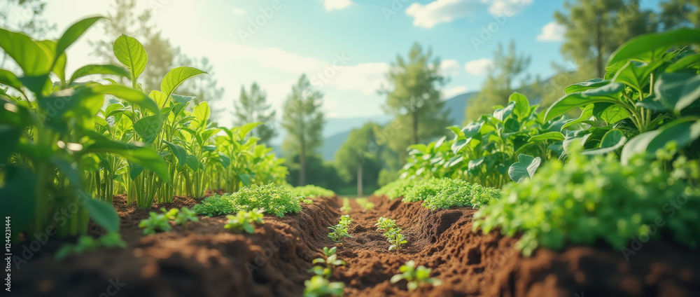 Fototapeta premium Lush green plants stretch toward the sun in a well-maintained agricultural field. Rows of crops are nurtured under clear blue skies, creating a picturesque rural landscape