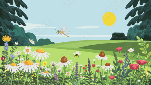 Summer Meadow with Wildflowers and Insects