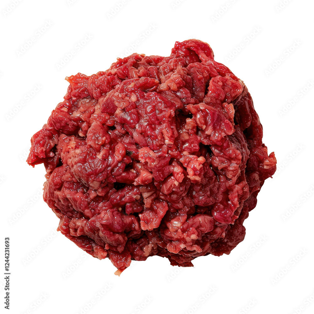 Obraz premium Fresh ground beef, raw meat, food ingredient, uncooked, red color, organic, protein source, culinary use, kitchen preparation, healthy diet